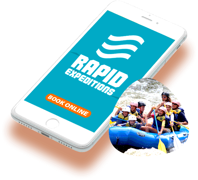Composite image of white smart phone with Rapid Expeditions logo displayed on the screen, with a photo of a river rafting group on the water that has been floated on top of the phone image.