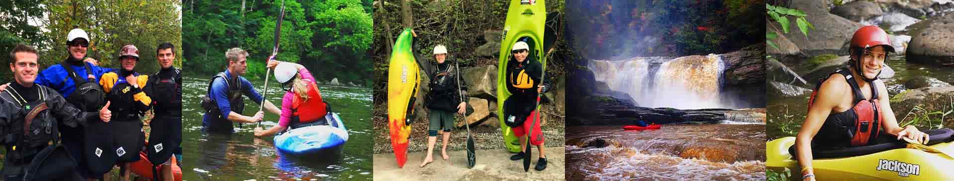 Photos East Tennessee kayaking and Rapid Expeditions kayaking school. Pictured from left to right: Dave Crawford, owner of Rapid Expeditions, with friends on a kayaking trip; Dave Crawford providing individual kayaking lessons to a female paddler on the Pigeon River; two kayakers holding their boats; kayaker looking up at large waterfall during high water; close-up of male kayaker smiling.