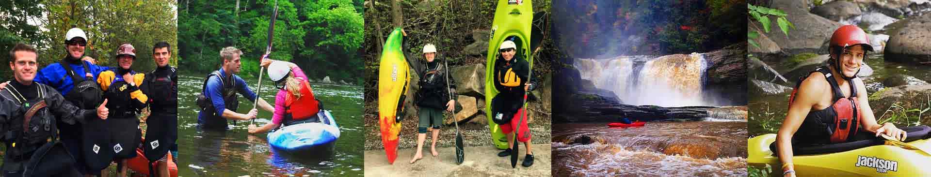 Photos East Tennessee kayaking and Rapid Expeditions kayaking school. Pictured from left to right: Dave Crawford, owner of Rapid Expeditions, with friends on a kayaking trip; Dave Crawford providing individual kayaking lessons to a female paddler on the Pigeon River; two kayakers holding their boats; kayaker looking up at large waterfall during high water; close-up of male kayaker smiling. 